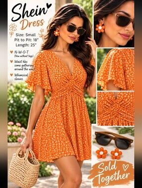 SHEIN Orange Tiny Floral V‑Neck Gathered Waist Dress